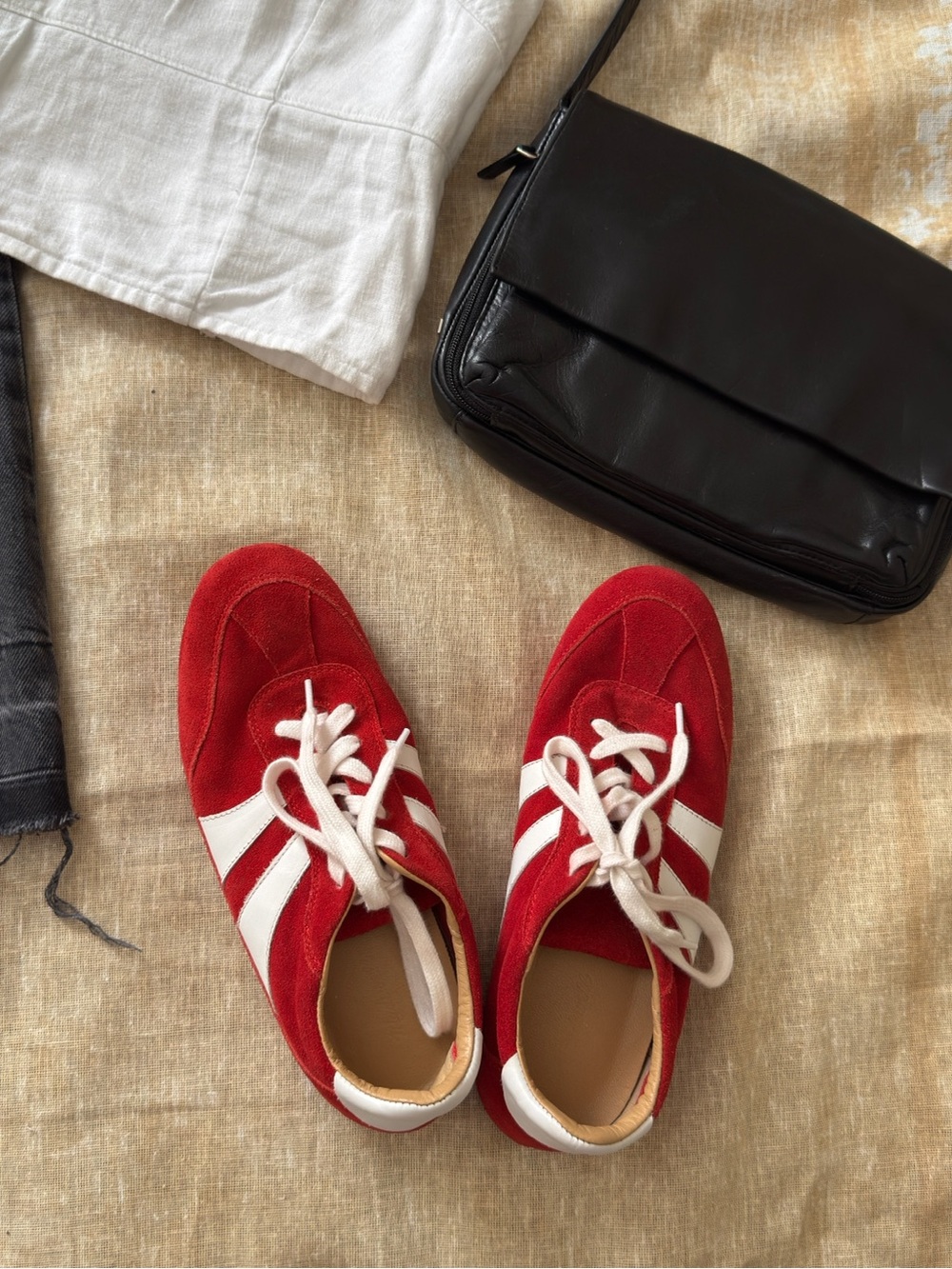 Madewell Women’s Red Lace-Up Suede Sneakers with White Stripes